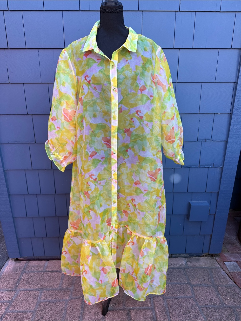C Wonder 2X Christian Soriano Yellow & Pastel Floral Button-Front Dress sheer